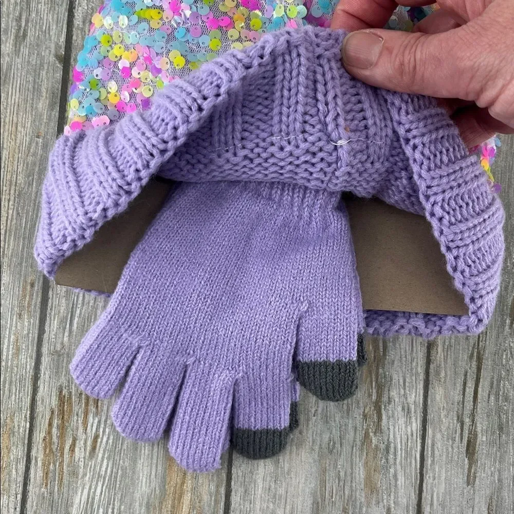 Girls Justice Sequin Cable Knit Hat and Gloves Set Pink 2-Pack